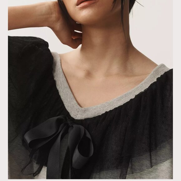 Anthropologie Maeve V-Neck Coquette Bow Sweater Light Grey Large Petite LP - Picture 3 of 9